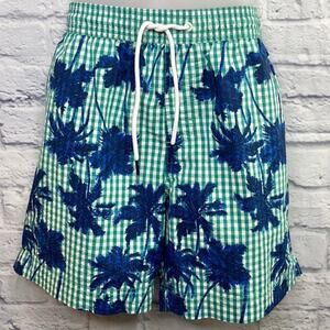Tommy Hilfiger Mens Size L Swim Trunks Board Shorts Blue Green Palm Print Lined
